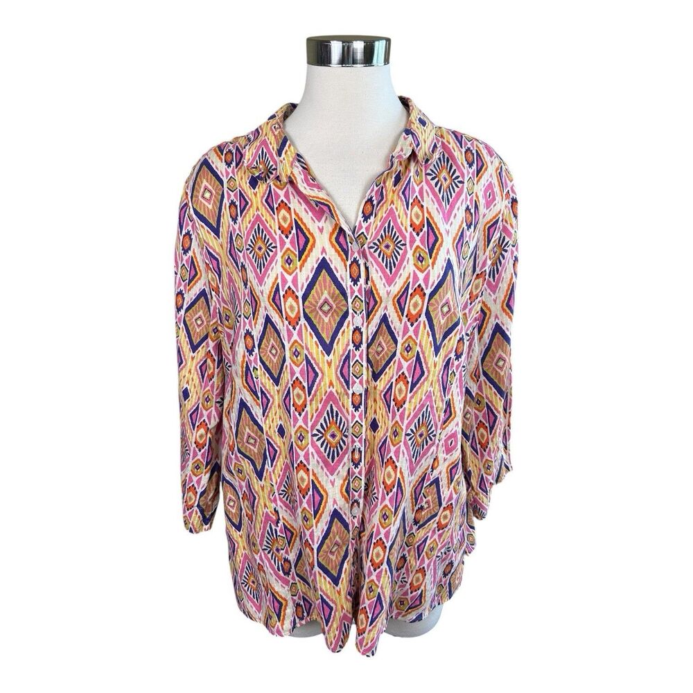 Chicos Linen Aztec Print Shirt Button Up the Back Chico Plus Sz 20 XXL